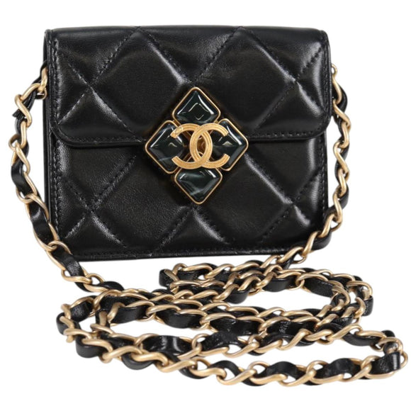 CHANEL Matelasse Chain Pouch Shoulder Bag Lamb Skin Black Gold CC Auth 127795M