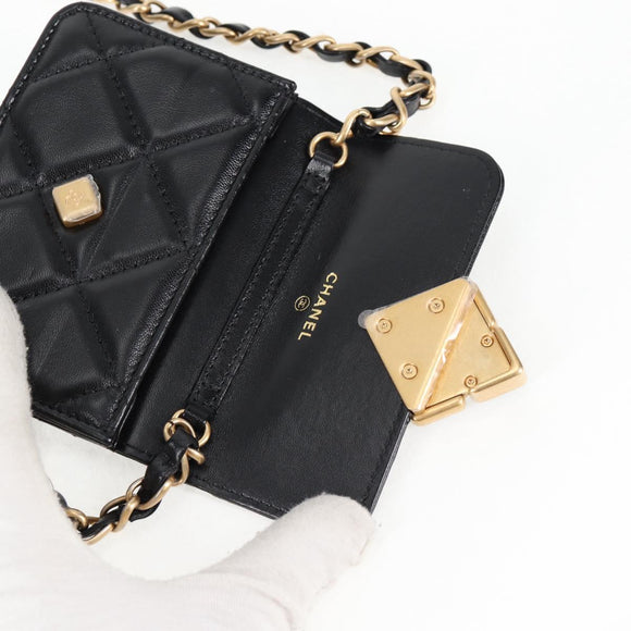 CHANEL Matelasse Chain Pouch Shoulder Bag Lamb Skin Black Gold CC Auth 127795M