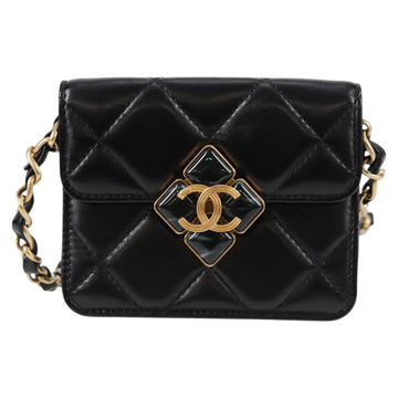 CHANEL Matelasse Chain Pouch Shoulder Bag Lamb Skin Black Gold CC Auth 127795M - 0