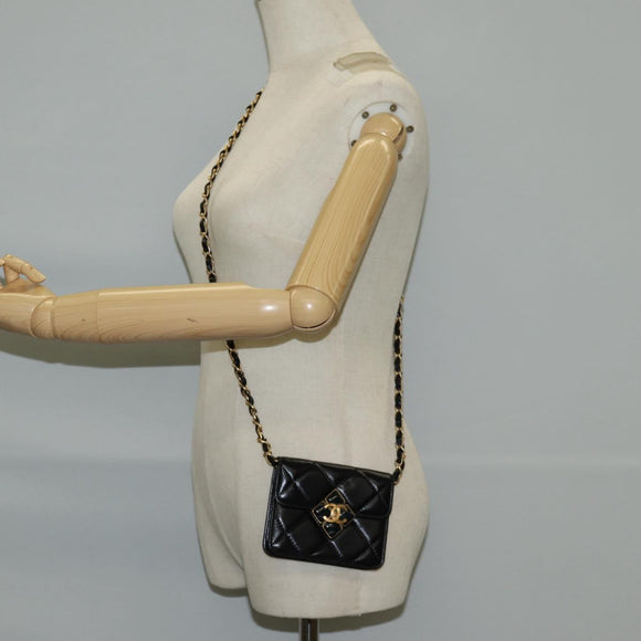 CHANEL Matelasse Chain Pouch Shoulder Bag Lamb Skin Black Gold CC Auth 127795M