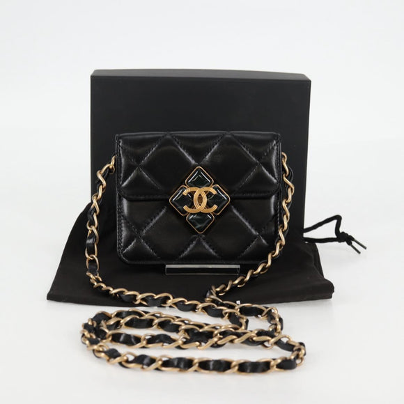 CHANEL Matelasse Chain Pouch Shoulder Bag Lamb Skin Black Gold CC Auth 127795M