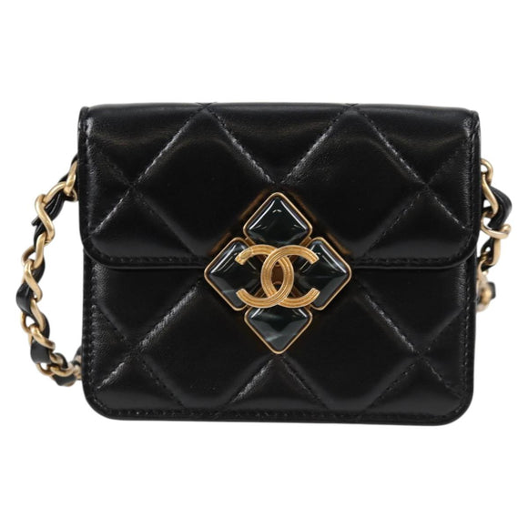 CHANEL Matelasse Chain Pouch Shoulder Bag Lamb Skin Black Gold CC Auth 127795SAM