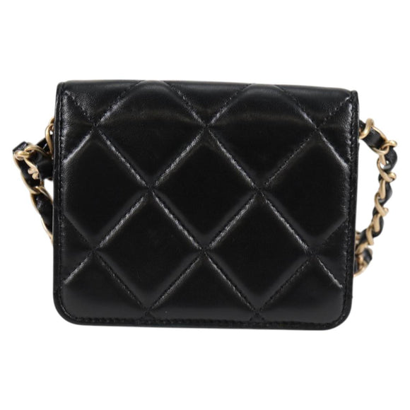 CHANEL Matelasse Chain Pouch Shoulder Bag Lamb Skin Black Gold CC Auth 127795SAM