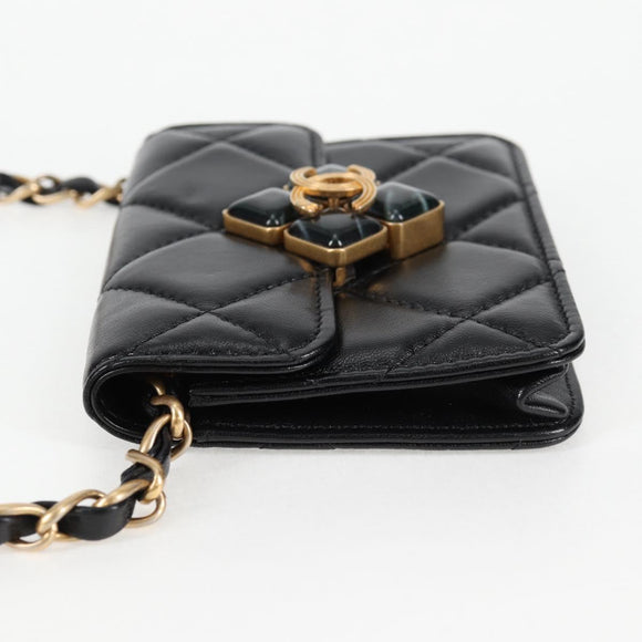 CHANEL Matelasse Chain Pouch Shoulder Bag Lamb Skin Black Gold CC Auth 127795M