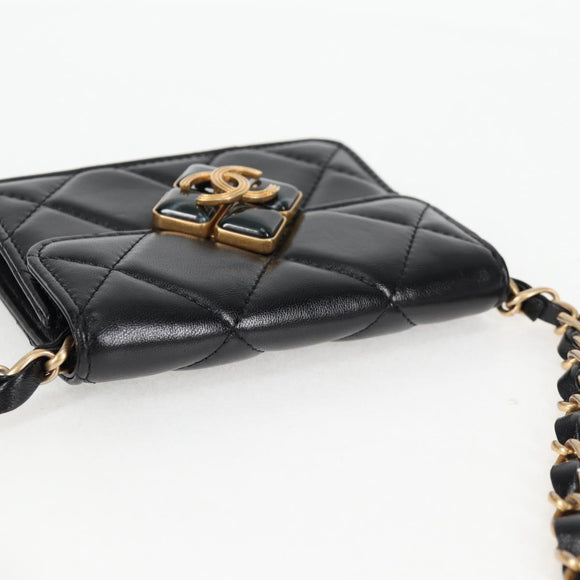 CHANEL Matelasse Chain Pouch Shoulder Bag Lamb Skin Black Gold CC Auth 127795M