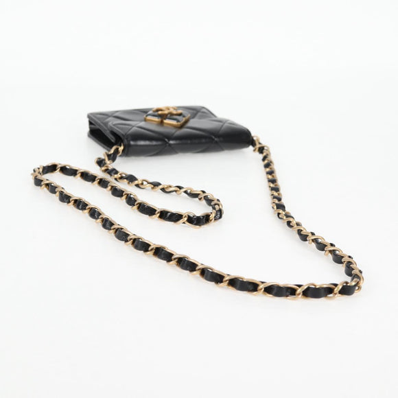 CHANEL Matelasse Chain Pouch Shoulder Bag Lamb Skin Black Gold CC Auth 127795M