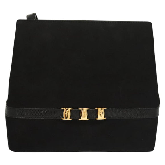 Salvatore Ferragamo Gancini Shoulder Bag Suede Black Gold Auth 127796