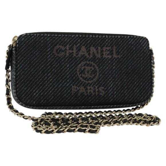 CHANEL Deauville line COCO Mark Chain Wallet Raffia Navy Gold CC Auth 127827