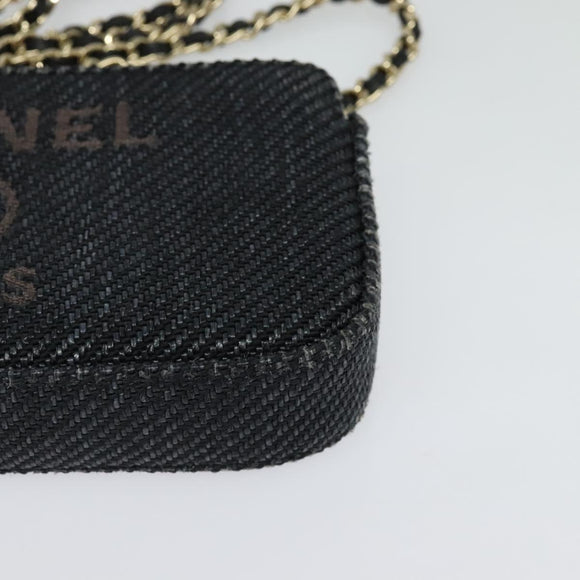 CHANEL Deauville line COCO Mark Chain Wallet Raffia Navy Gold CC Auth 127827