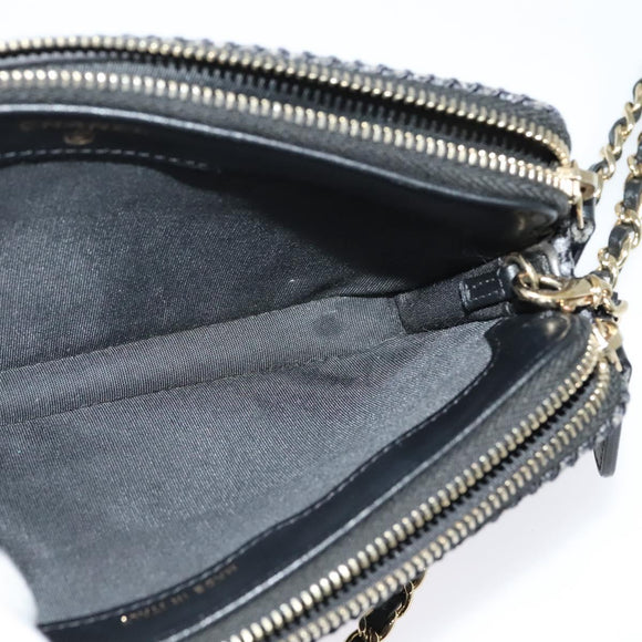 CHANEL Deauville line COCO Mark Chain Wallet Raffia Navy Gold CC Auth 127827