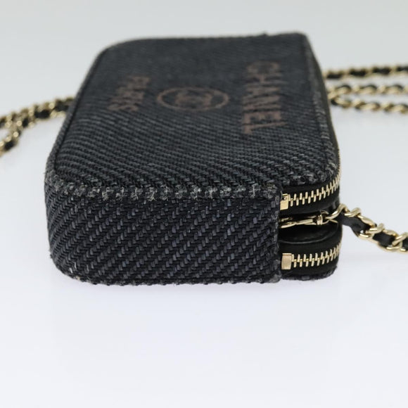 CHANEL Deauville line COCO Mark Chain Wallet Raffia Navy Gold CC Auth 127827