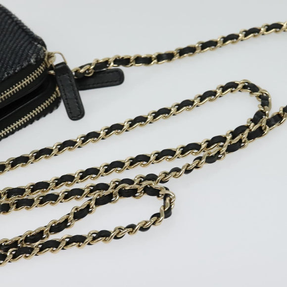 CHANEL Deauville line COCO Mark Chain Wallet Raffia Navy Gold CC Auth 127827