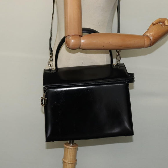 Salvatore Ferragamo Hand Bag Patent leather 2way Black Silver Auth 127849
