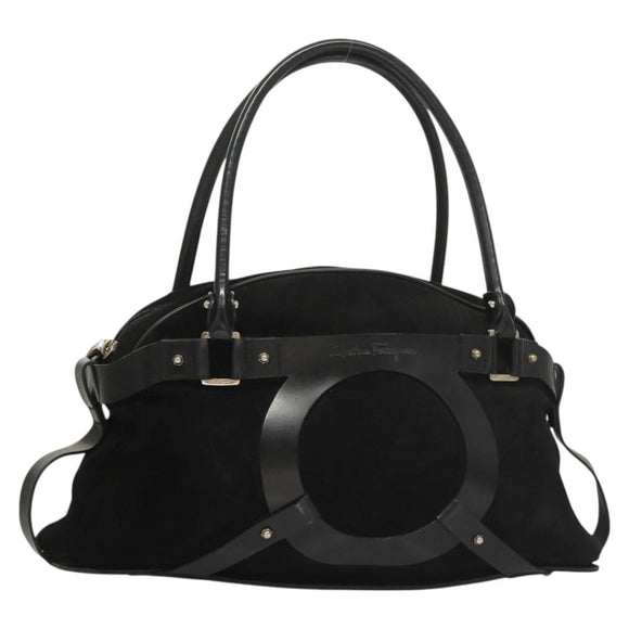 Salvatore Ferragamo Hand Bag Suede Black Silver Auth 127851