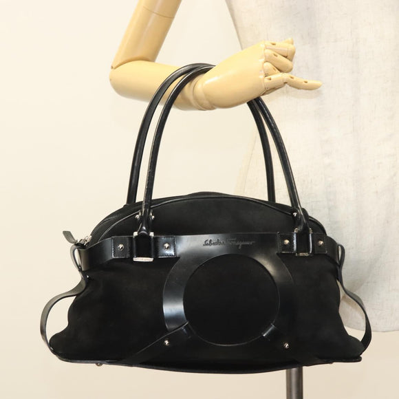 Salvatore Ferragamo Hand Bag Suede Black Silver Auth 127851