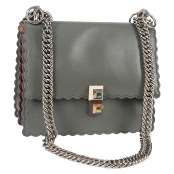 FENDI Chain Shoulder Bag Leather Gray Silver Auth 127855V