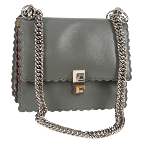 FENDI Chain Shoulder Bag Leather Gray Silver Auth 127855V