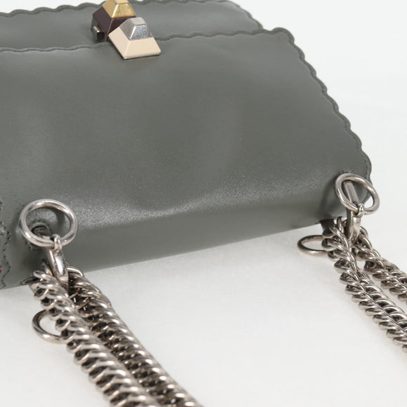 FENDI Chain Shoulder Bag Leather Gray Silver Auth 127855V