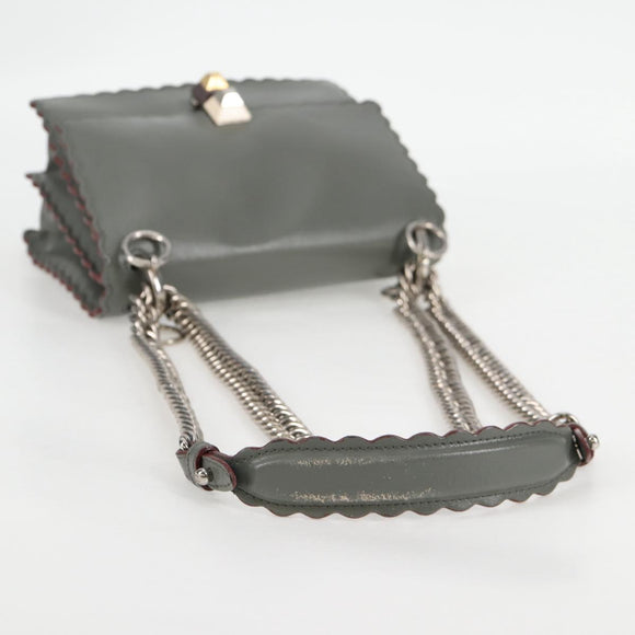 FENDI Chain Shoulder Bag Leather Gray Silver Auth 127855V