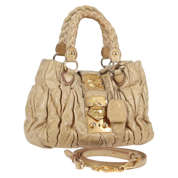 Miu Miu Hand Bag Leather 2way Beige Gold Auth 127861