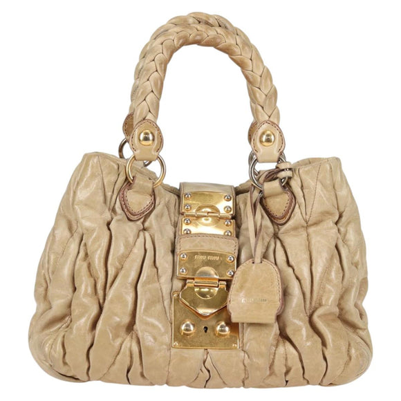 Miu Miu Hand Bag Leather 2way Beige Gold Auth 127861
