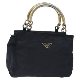 PRADA Hand Bag Nylon Black Gold Auth 127868