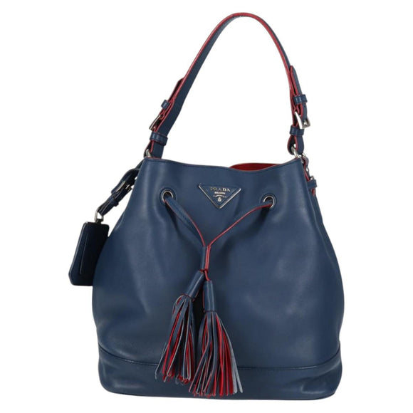 PRADA Shoulder Bag Leather Blue Silver Auth 127875V