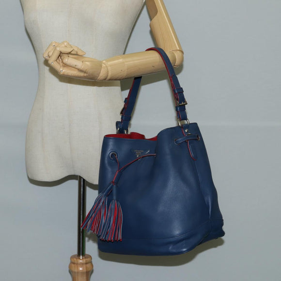 PRADA Shoulder Bag Leather Blue Silver Auth 127875V