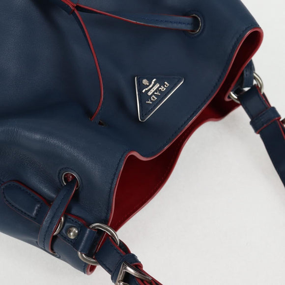 PRADA Shoulder Bag Leather Blue Silver Auth 127875V