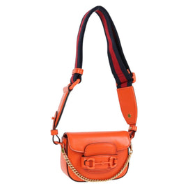 GUCCI Sherry Line Shoulder Bag Leather Orange Red Navy 726863 Auth 127887M