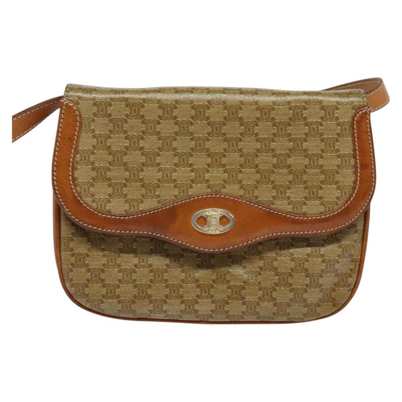 CELINE Macadam Canvas Shoulder Bag Beige Gold Auth 127903