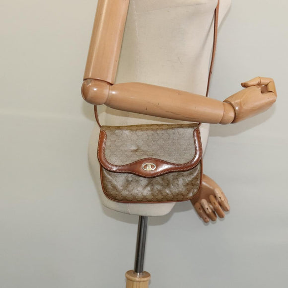 CELINE Macadam Canvas Shoulder Bag Beige Gold Auth 127903