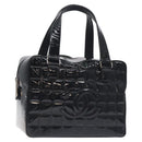 CHANEL Choco Bar Hand Bag Enamel Black Silver CC Auth 127910-1