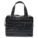 CHANEL Choco Bar Hand Bag Enamel Black Silver CC Auth 127910-2