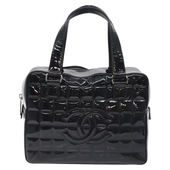 CHANEL Choco Bar Hand Bag Enamel Black Silver CC Auth 127910