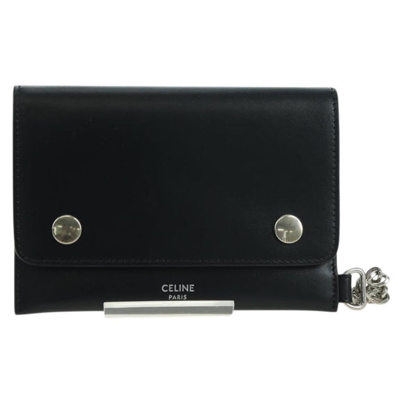 CELINE Chain Wallet Leather Silver Black 10C633-38SI Auth 127916