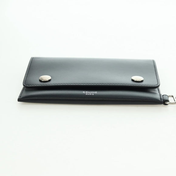 CELINE Chain Wallet Leather Silver Black 10C633-38SI Auth 127916