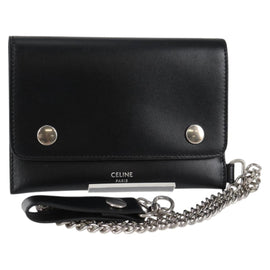 CELINE Chain Wallet Leather Silver Black 10C633-38SI Auth 127916M