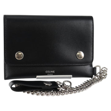CELINE Chain Wallet Leather Silver Black 10C633-38SI Auth 127916M
