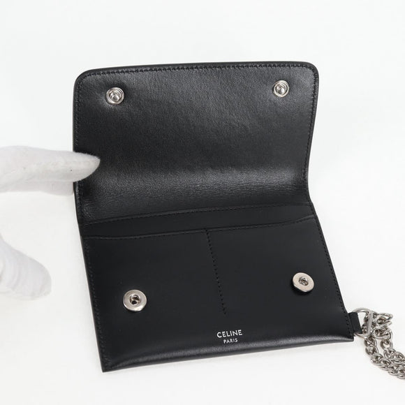 CELINE Chain Wallet Leather Silver Black 10C633-38SI Auth 127916M