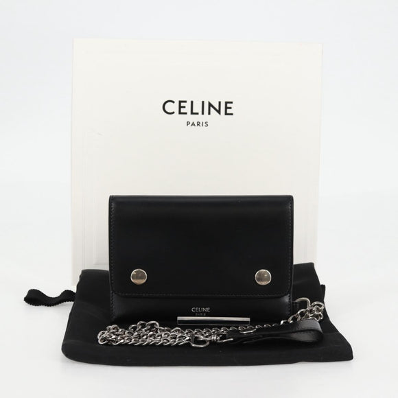 CELINE Chain Wallet Leather Silver Black 10C633-38SI Auth 127916M
