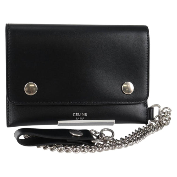 CELINE Chain Wallet Leather Silver Black 10C633-38SI Auth 127916M