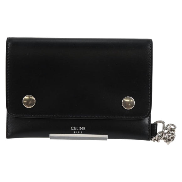 CELINE Chain Wallet Leather Silver Black 10C633-38SI Auth 127916M
