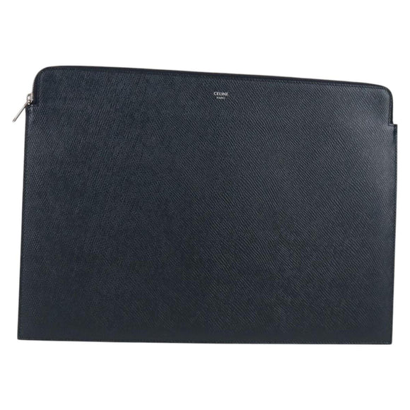 CELINE Clutch Bag Leather Navy Silver 10B593-070 Auth 127920M
