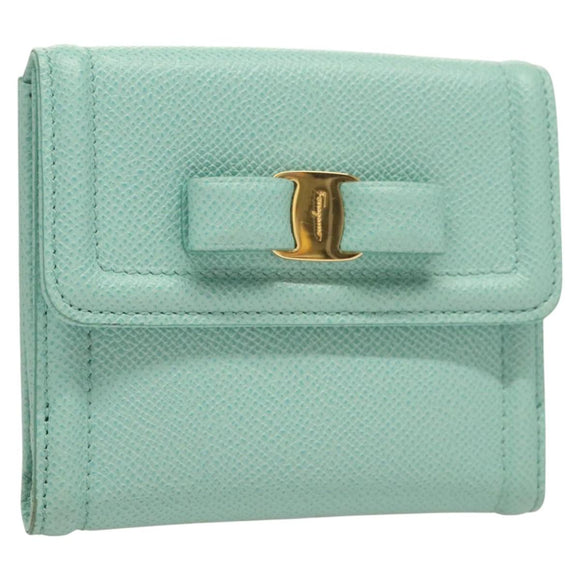Salvatore Ferragamo Wallet Leather Turquoise Blue Gold Auth 127952V