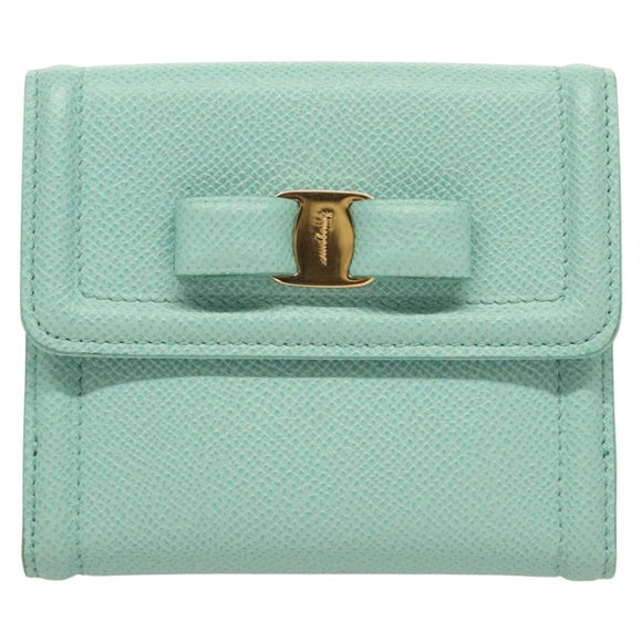 Salvatore Ferragamo Wallet Leather Turquoise Blue Gold Auth 127952V