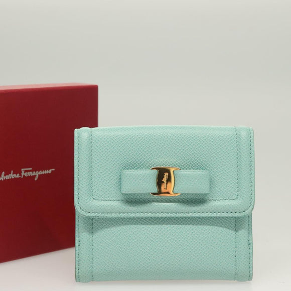 Salvatore Ferragamo Wallet Leather Turquoise Blue Gold Auth 127952V