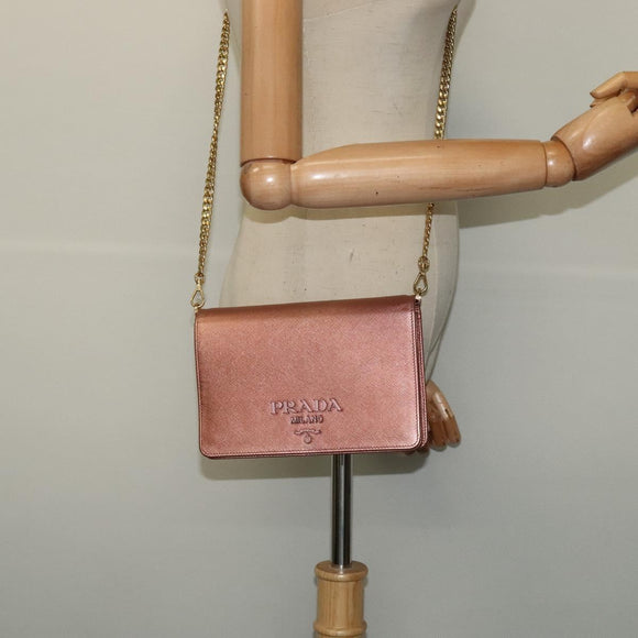 PRADA Chain Shoulder Bag Leather Pink Gold Auth 127990
