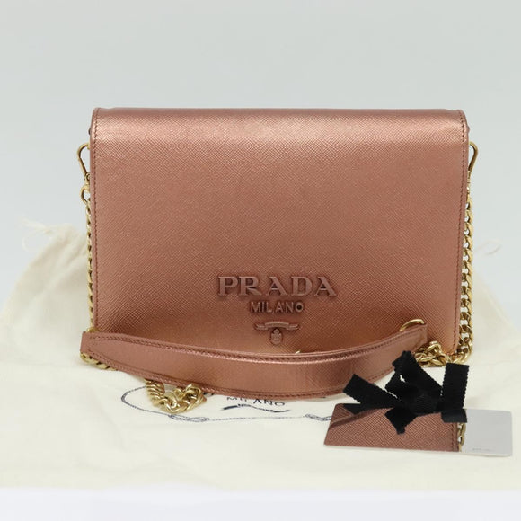 PRADA Chain Shoulder Bag Leather Pink Gold Auth 127990