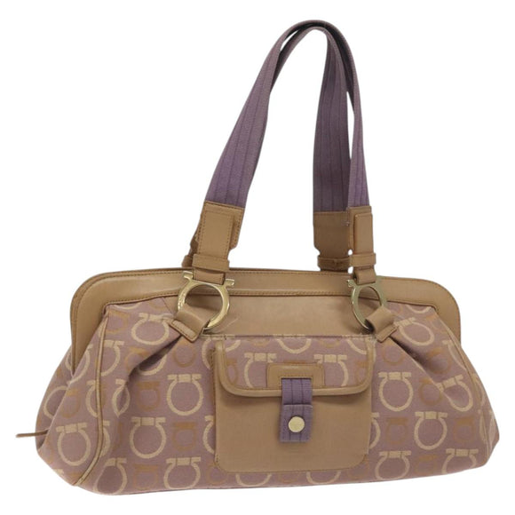 Salvatore Ferragamo Gancini Tote Bag Canvas Leather Purple Gold Auth 128017